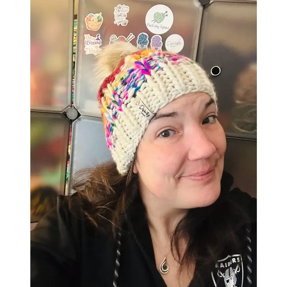 Handmade Neon Merino Wool Beanie: Colorful Winter Hat with Faux Fur Pom